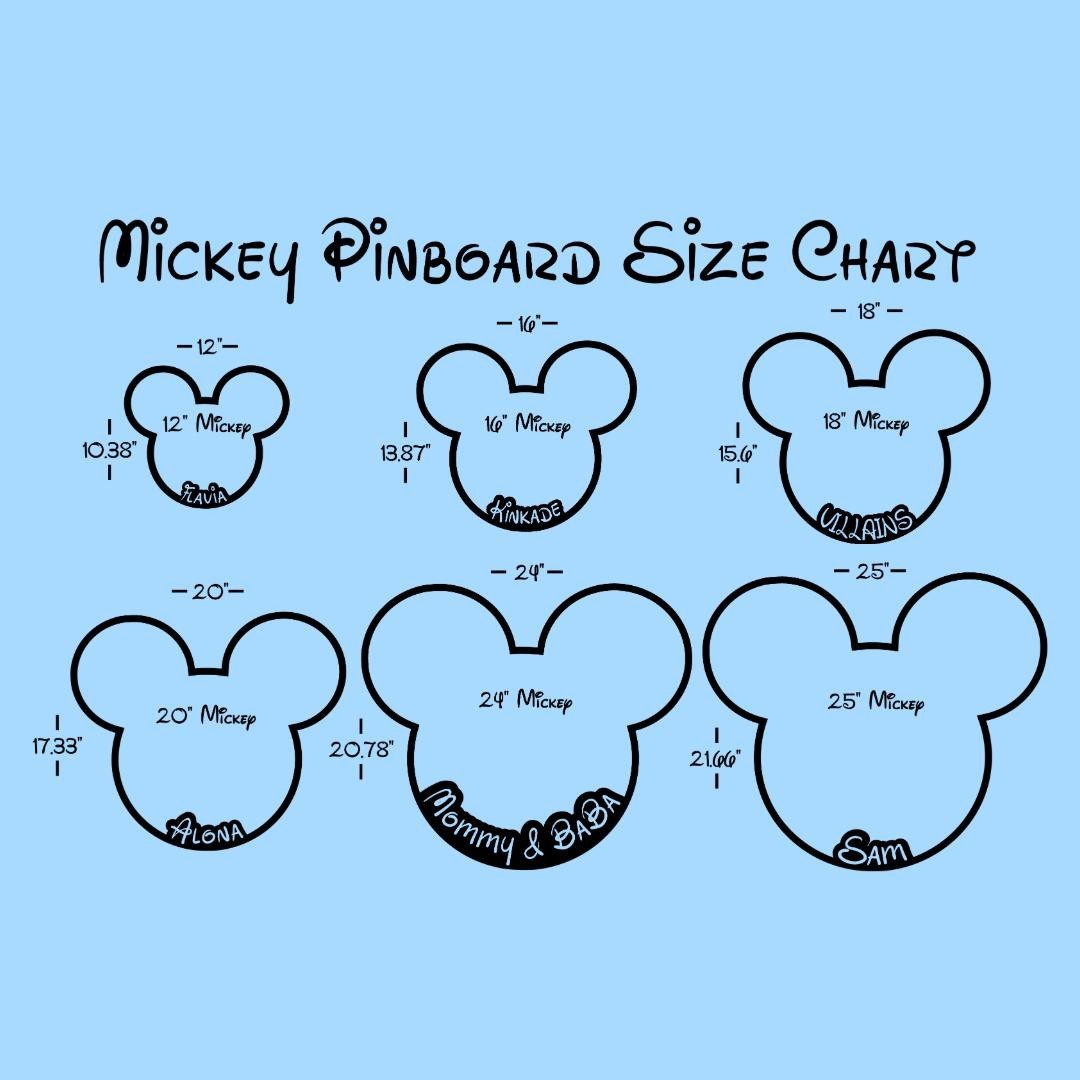 Freak of Laser character shaped cork pin display board size chart showing dimensions from 12 to 25 inches.