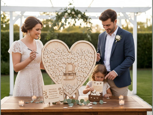 Freak of Laser heart-shaped wooden wedding guest book drop box with personalized monogram and wooden signing hearts.