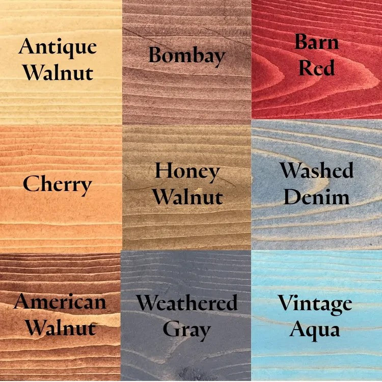 Freak of Laser wood stain color samples for wedding guest book frames including walnut, red, blue, and gray finishes.