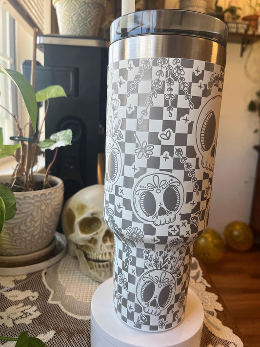 40oz Floral Skull tumbler with Handle & Straw, Gift For Him, Gift For Her, Personalized Gifts, Bridesmaid Tumbler, 40 oz tumbler cup