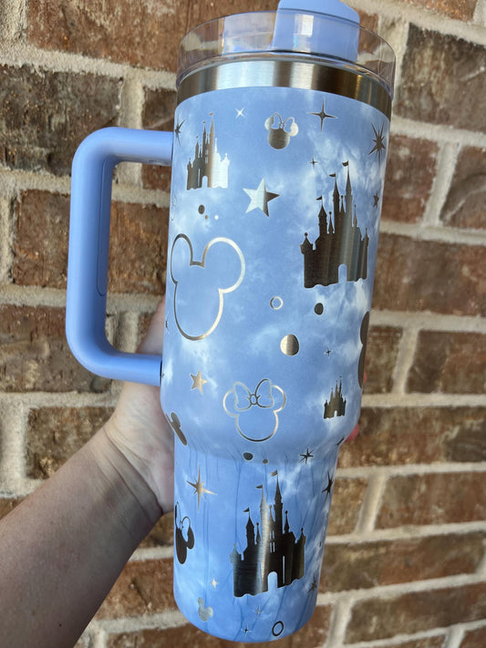 40oz Mouse and Castle Tumbler with Handle & Straw, Gift For Him, Gift For Her, Personalized Gifts, Bridesmaid Tumbler, 40 oz tumbler cup