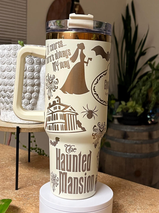 40oz Haunted Engraved Tumbler with Handle & Straw, Gift For Her, Personalized Gifts, Bridesmaid Tumbler, 40 oz tumbler cup