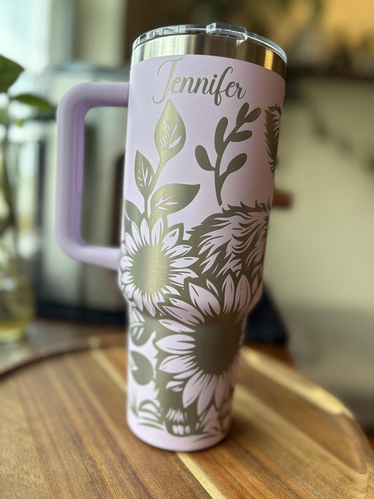 40oz Highland Cow Engraved Tumbler with Handle & Straw, Sunflowers, Gift For Her, Personalized Gifts, Bridesmaid Tumbler, 40 oz tumbler cup
