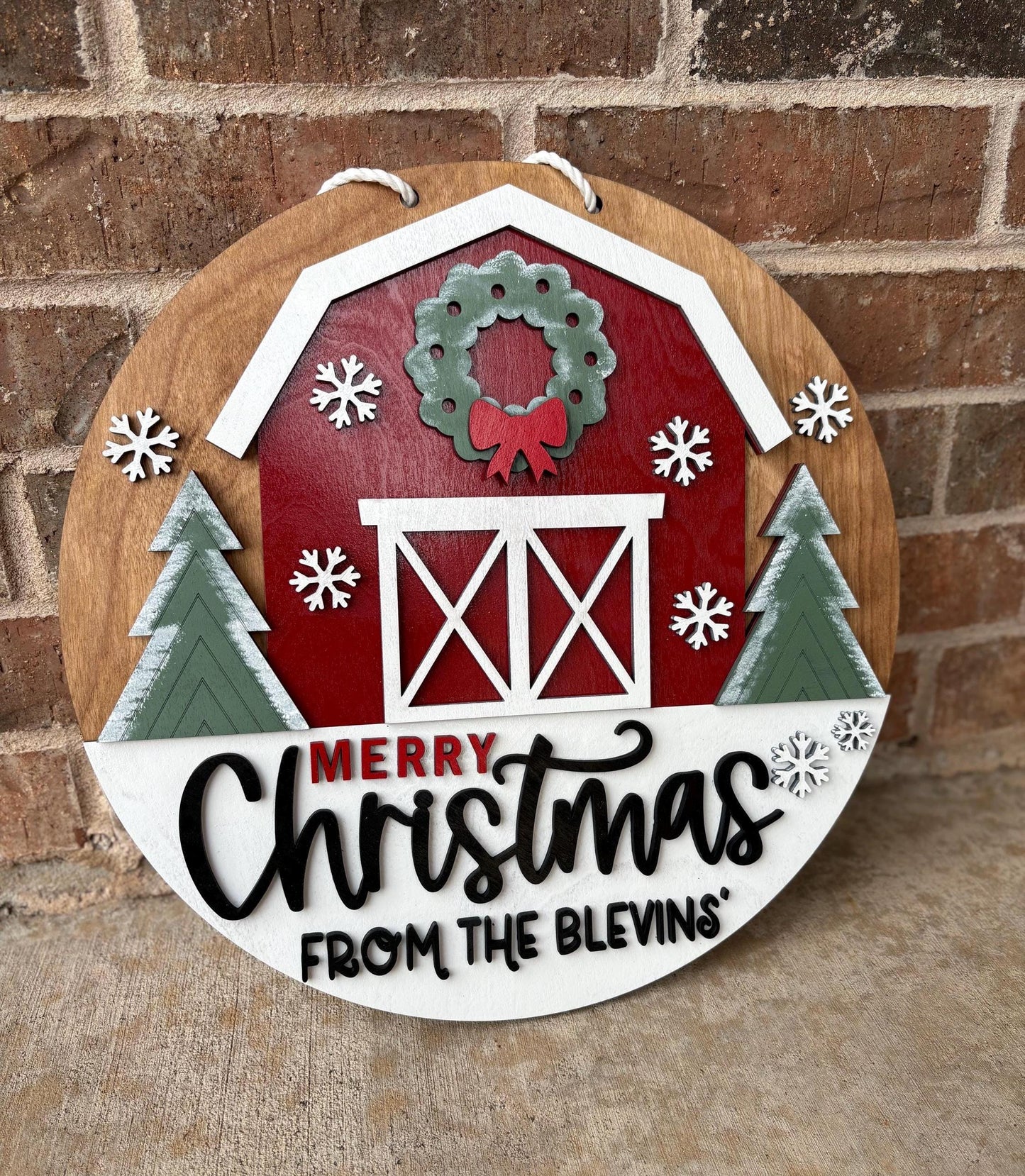 Personalized Merry Christmas Barn Sign | Farmhouse Christmas Door Hanger | Rustic Holiday Front Door Decor | Custom Family Name Sign