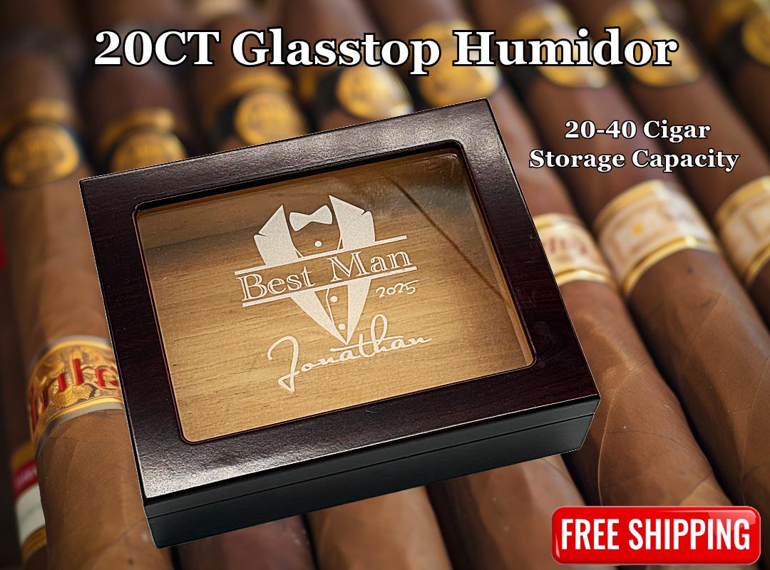 Cigar Aficionado Humidor Gift Customized Engraved Glass Top for Him Groomsmen Father's Day Birthday Husband Travel Cigar Enthusiast
