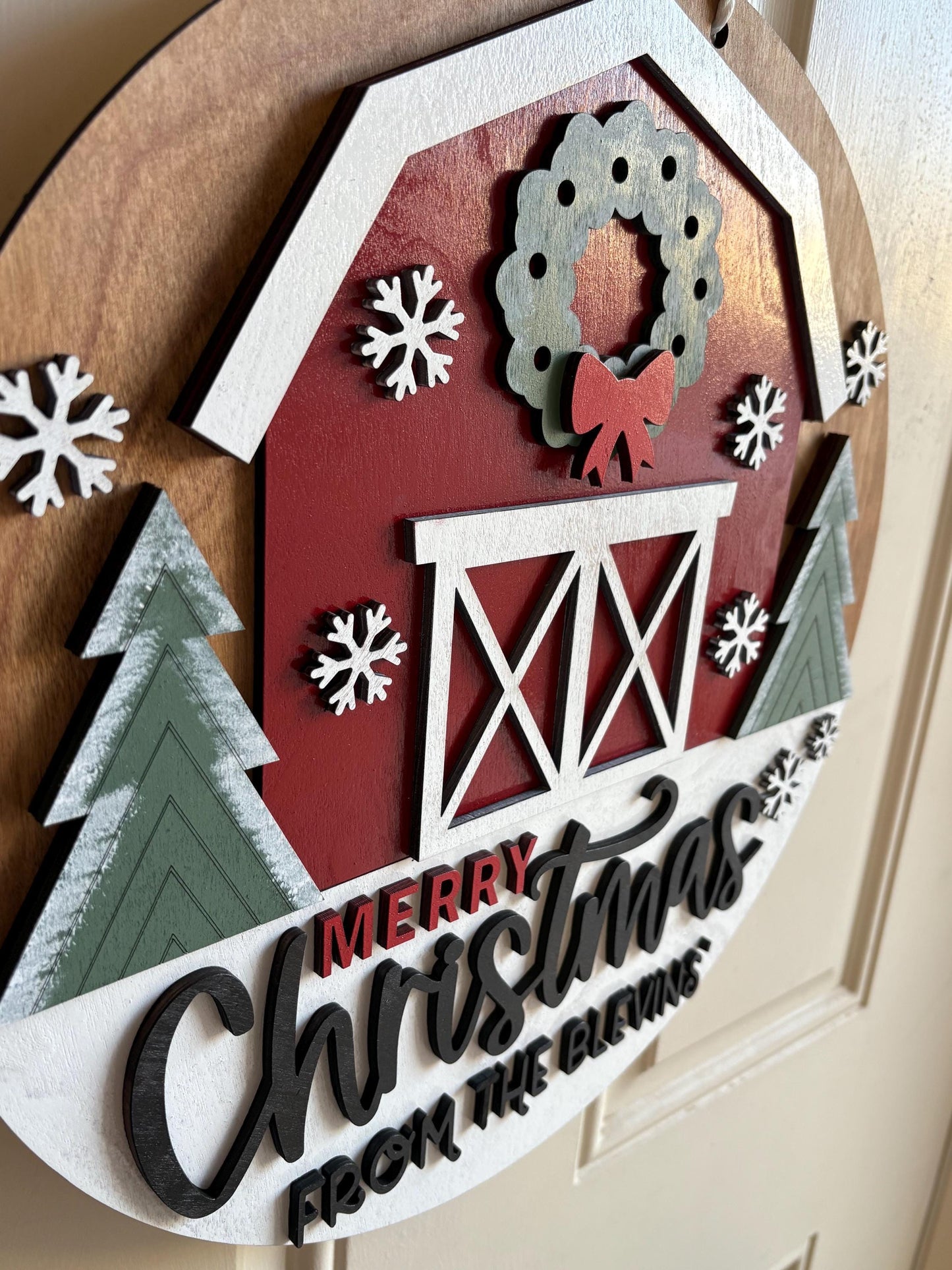 Personalized Merry Christmas Barn Sign | Farmhouse Christmas Door Hanger | Rustic Holiday Front Door Decor | Custom Family Name Sign