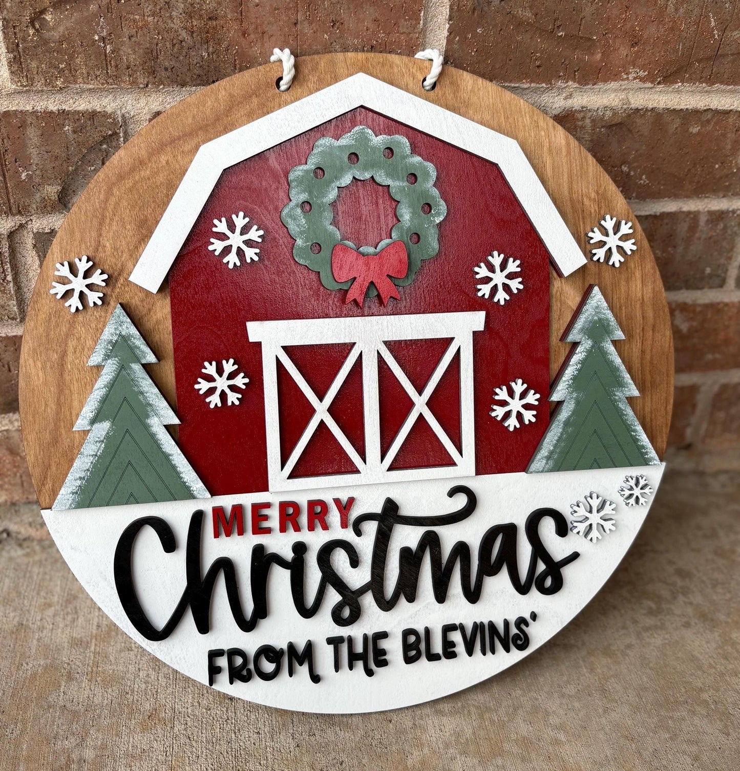 Personalized Merry Christmas Barn Sign | Farmhouse Christmas Door Hanger | Rustic Holiday Front Door Decor | Custom Family Name Sign