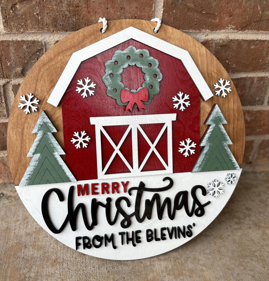 Personalized Merry Christmas Barn Sign | Farmhouse Christmas Door Hanger | Rustic Holiday Front Door Decor | Custom Family Name Sign