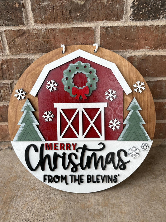 Personalized Merry Christmas Barn Sign | Farmhouse Christmas Door Hanger | Rustic Holiday Front Door Decor | Custom Family Name Sign