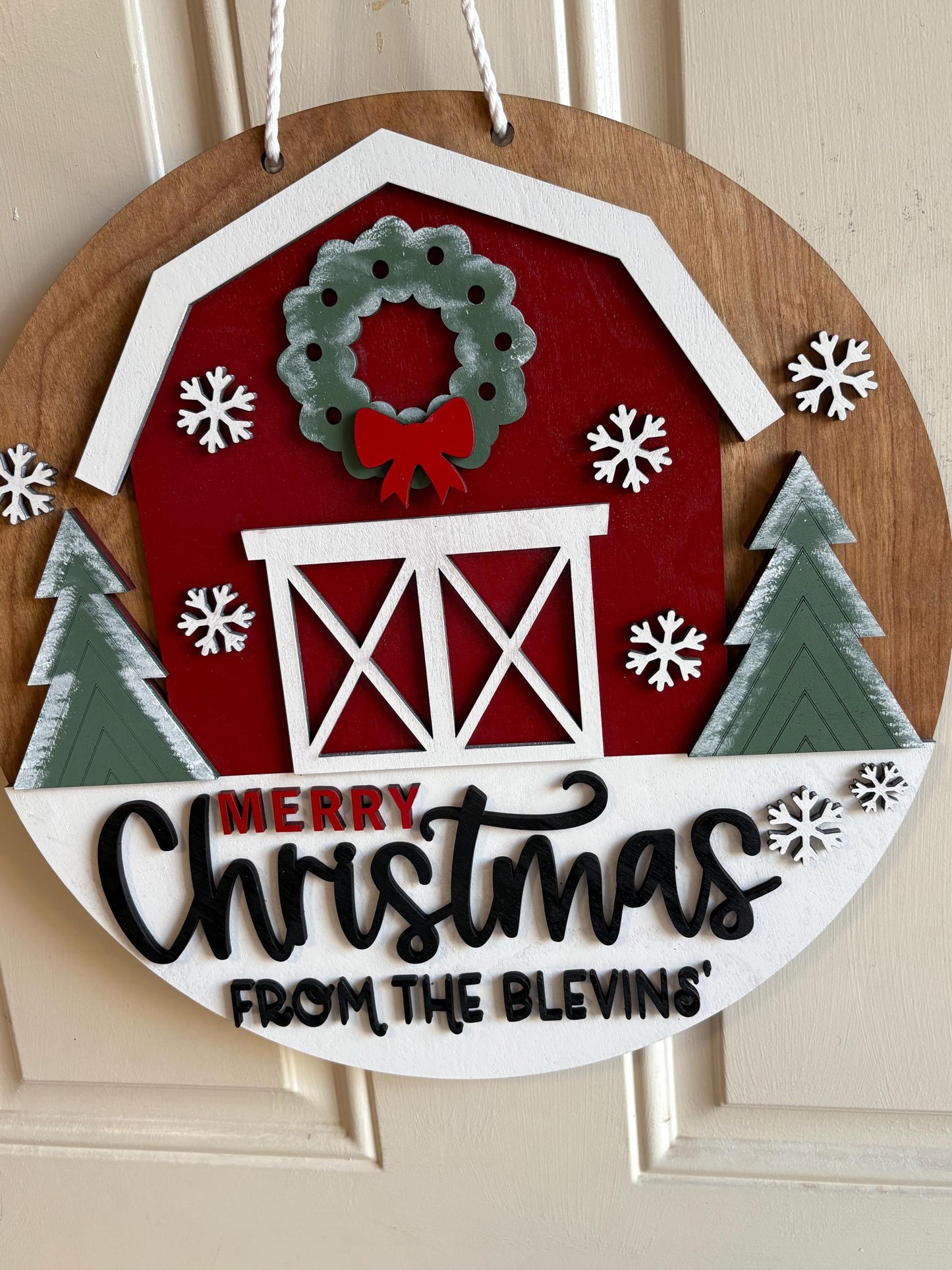 Personalized Merry Christmas Barn Sign | Farmhouse Christmas Door Hanger | Rustic Holiday Front Door Decor | Custom Family Name Sign