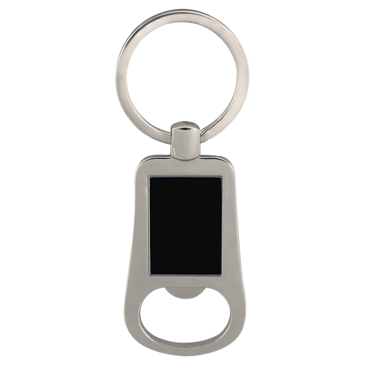 2 1/8" Silver/Black Laserable Bottle Opener Keychain