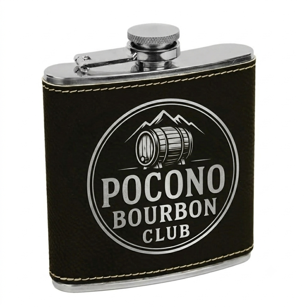 Laser Engraved 6 oz. Black/Silver Leatherette Stainless Steel Flask - Pocono Bourbon Club