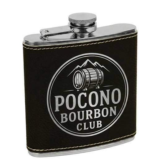 Laser Engraved 6 oz. Black/Silver Leatherette Stainless Steel Flask - Pocono Bourbon Club