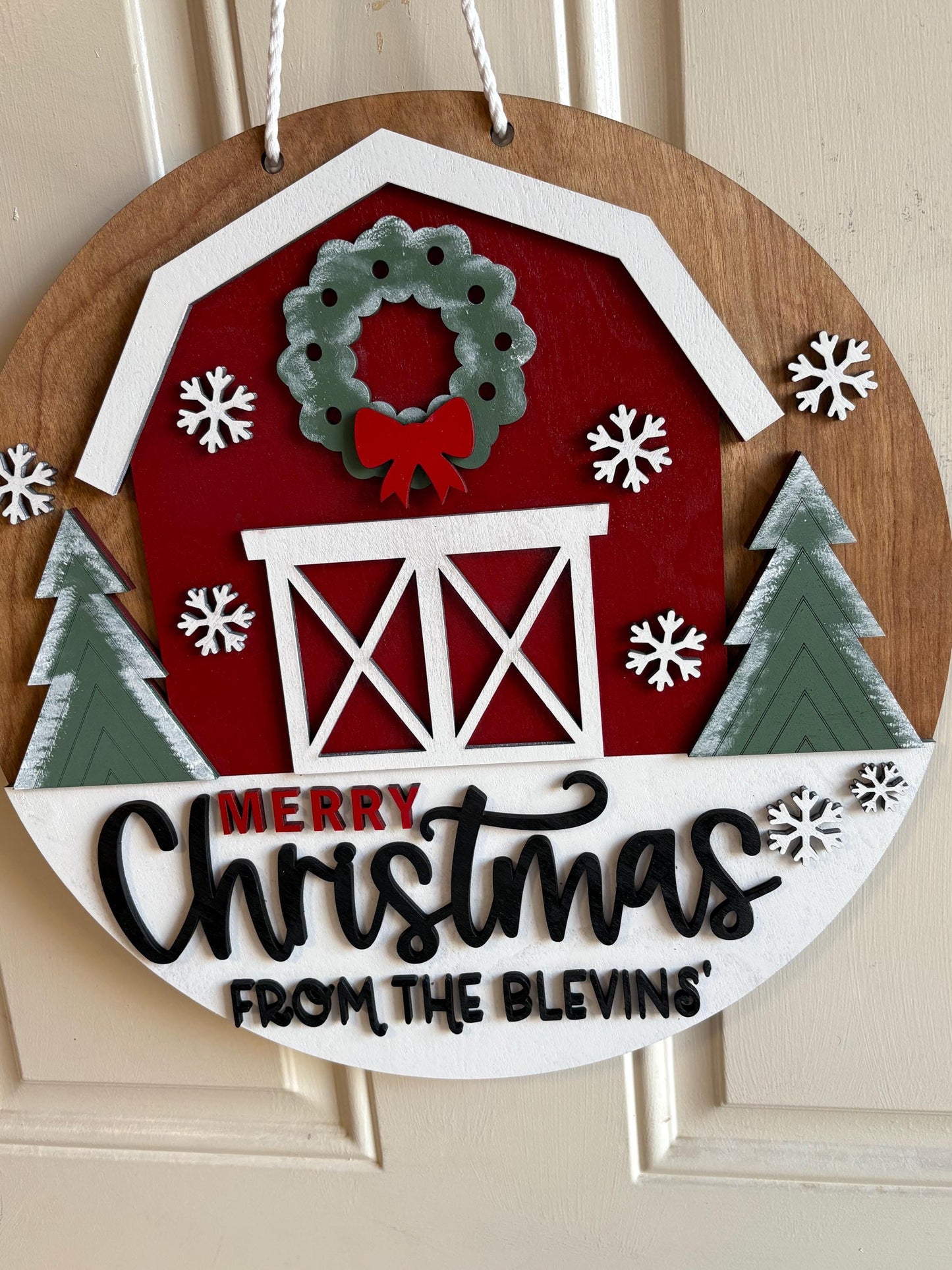 Personalized Merry Christmas Barn Sign | Farmhouse Christmas Door Hanger | Rustic Holiday Front Door Decor | Custom Family Name Sign