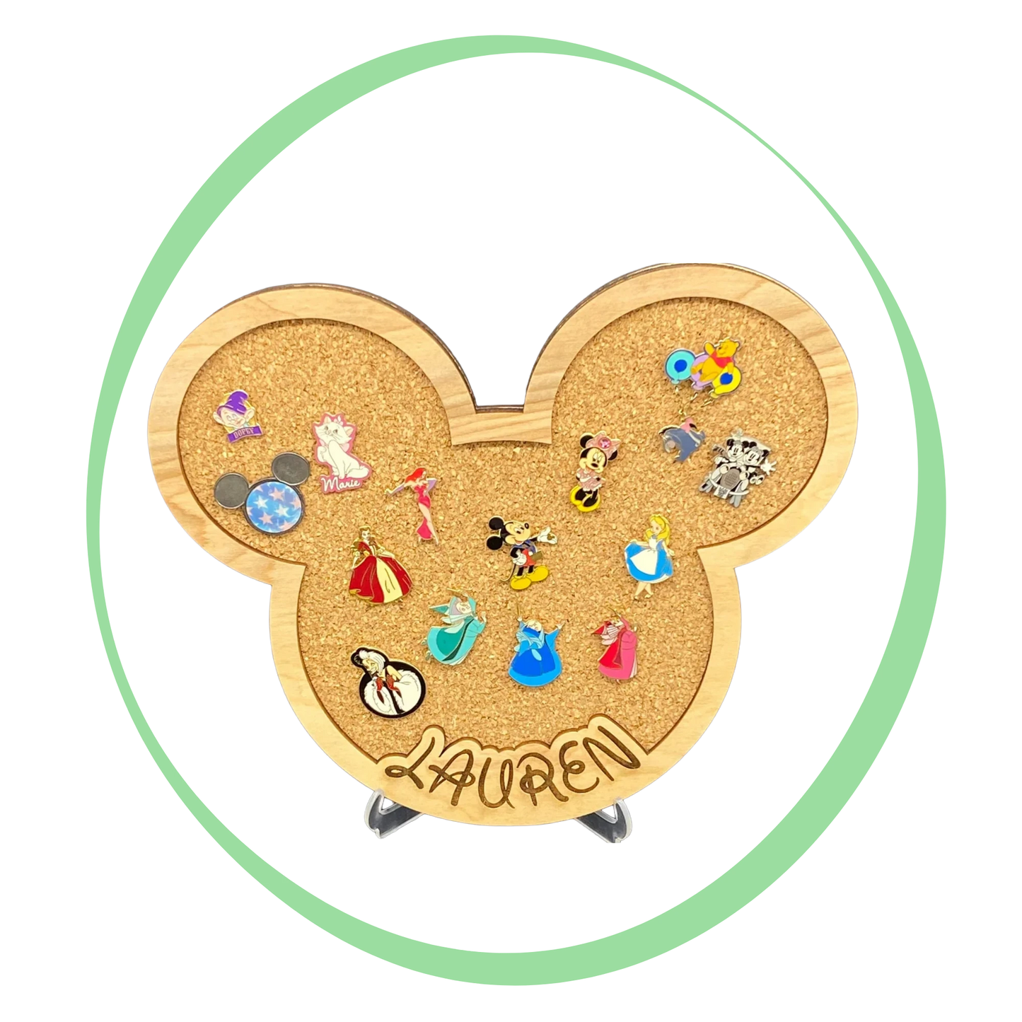 Freak of Laser personalized character-shaped cork pin display board with wood frame and custom engraved name Lauren