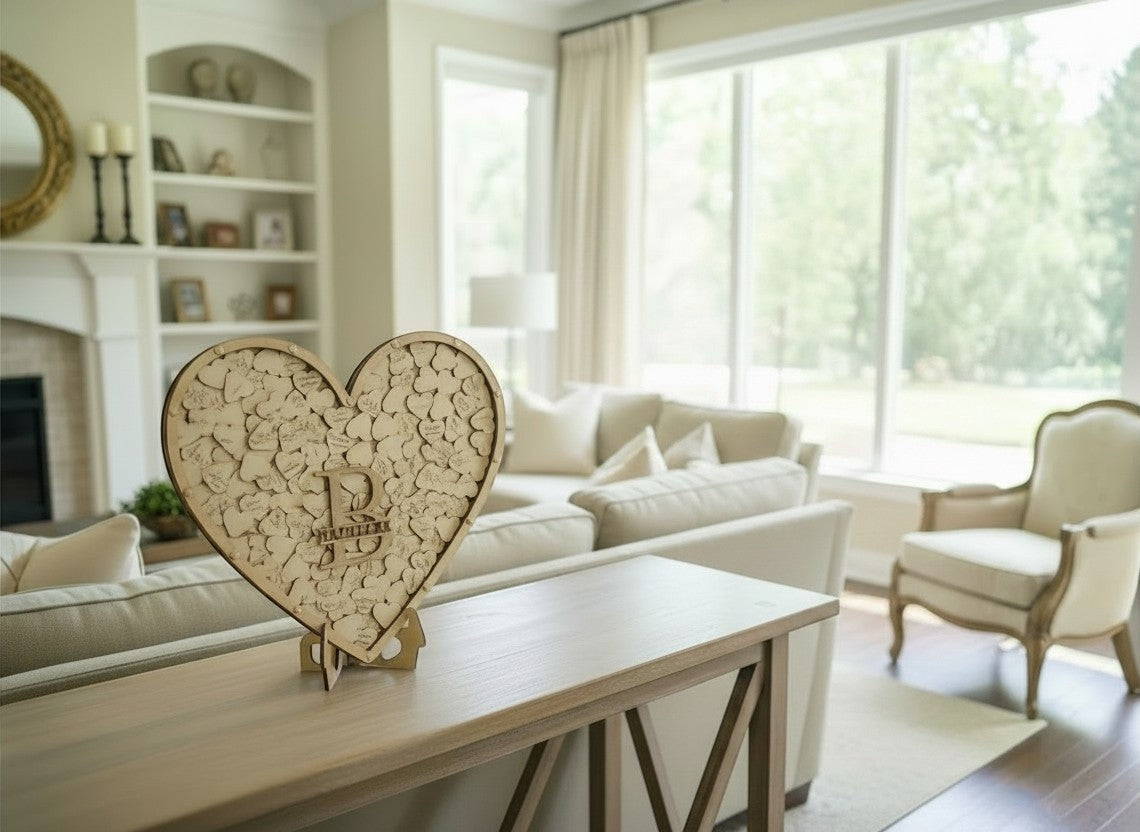 Freak of Laser heart-shaped wooden wedding guest book drop box with personalized monogram on a living room table.