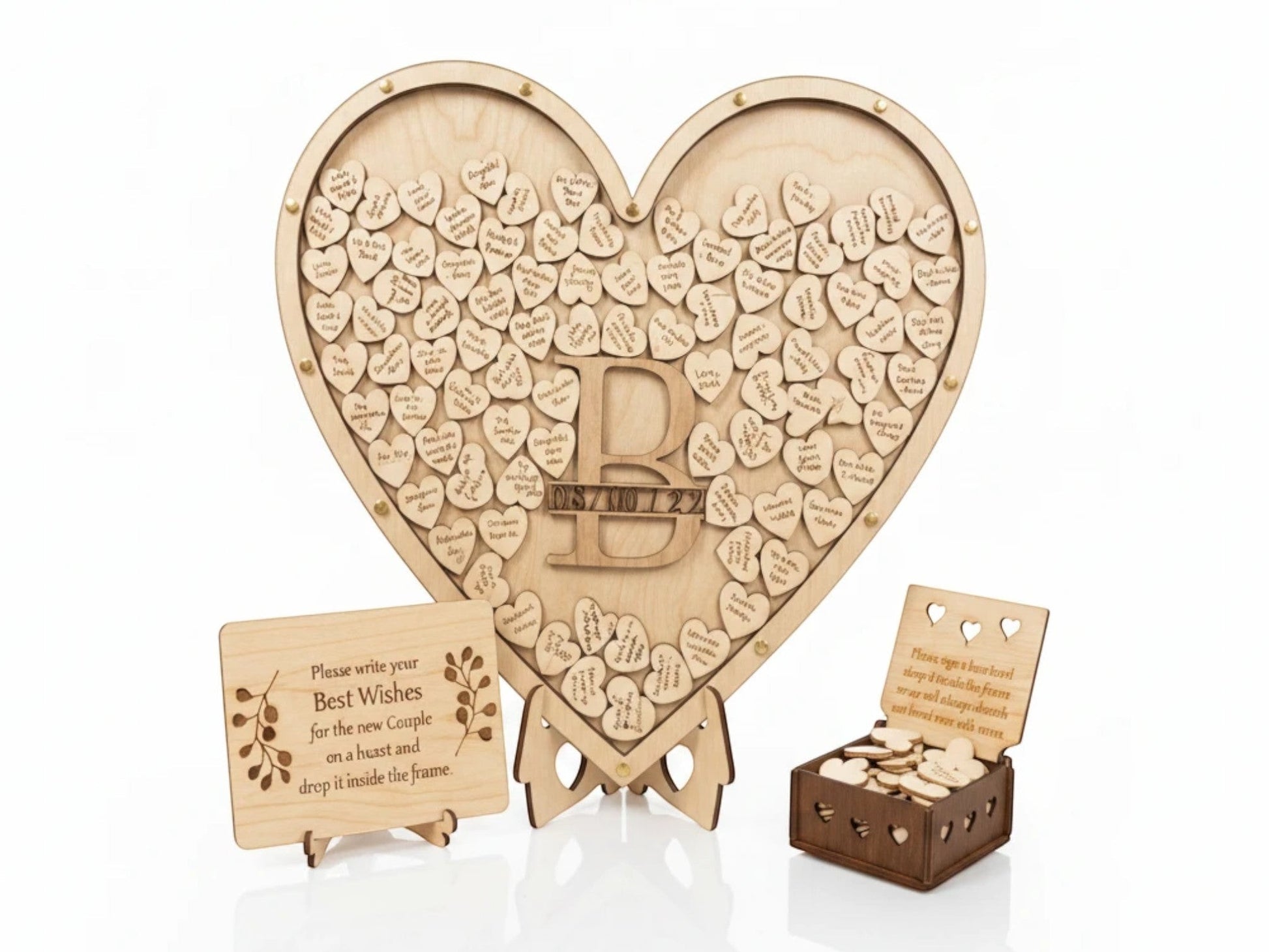 Freak of Laser heart-shaped wooden wedding guest book drop box with personalized monogram, easel, and storage box.