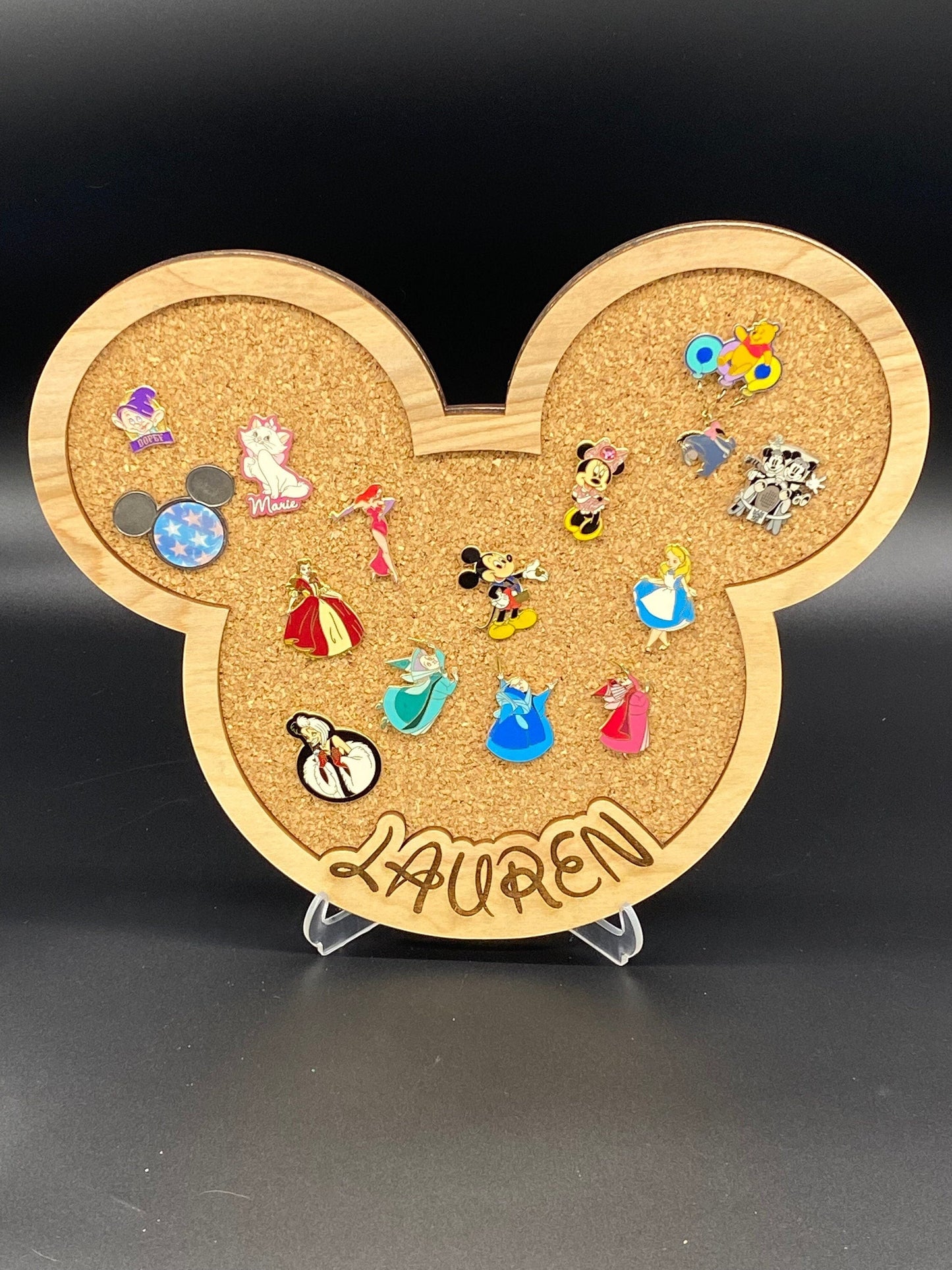 Freak of Laser personalized character-shaped cork pin display board with wooden frame and custom engraved name Lauren.