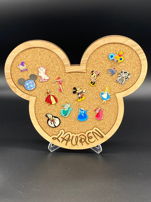 Freak of Laser personalized character-shaped cork pin display board with wooden frame and custom engraved name Lauren.