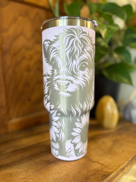 40oz Highland Cow Engraved Tumbler with Handle & Straw, Sunflowers, Gift For Her, Personalized Gifts, Bridesmaid Tumbler, 40 oz tumbler cup